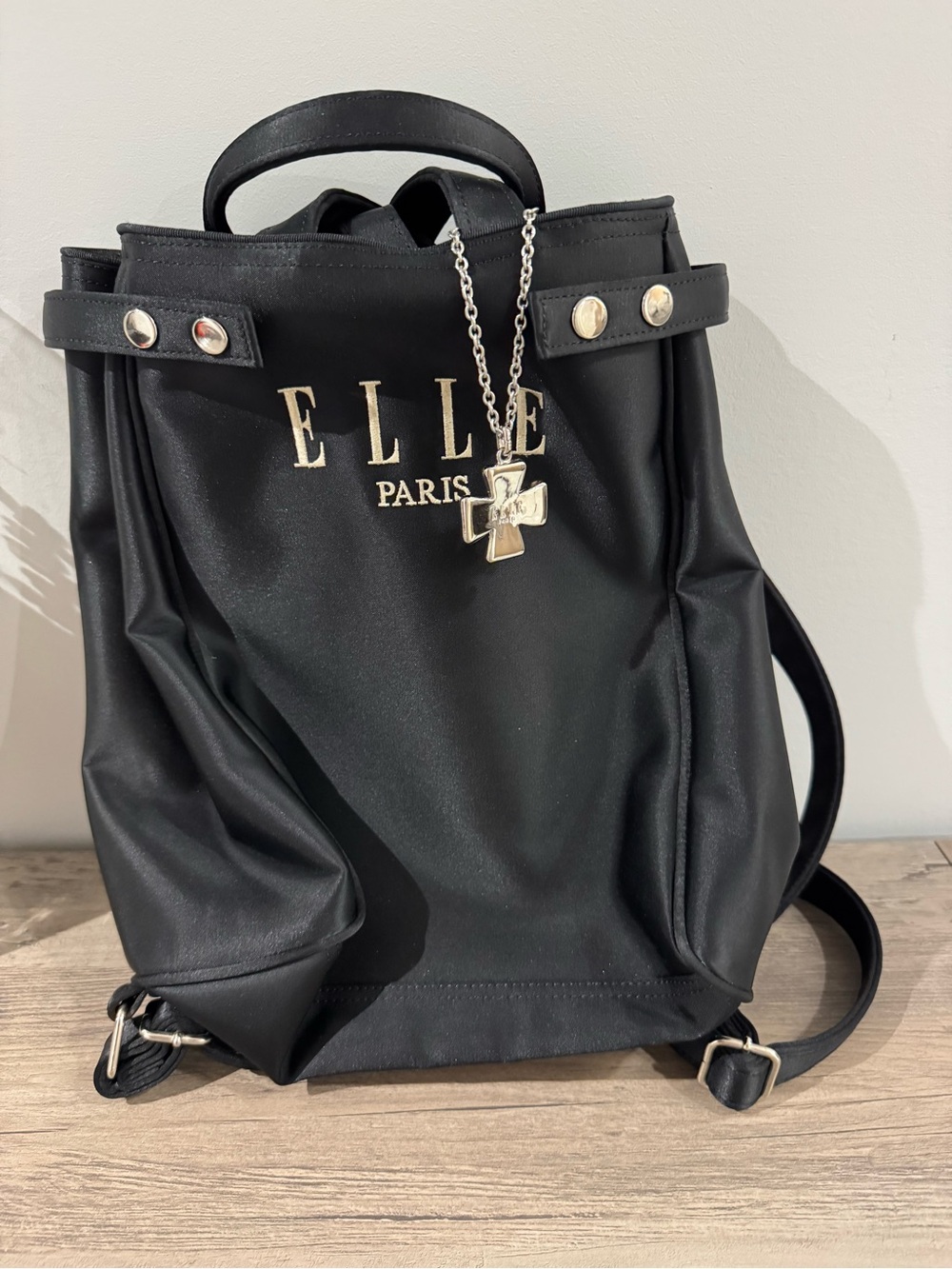 Elle Paris Black Drawstring Backpack with Silver Cross Charm
